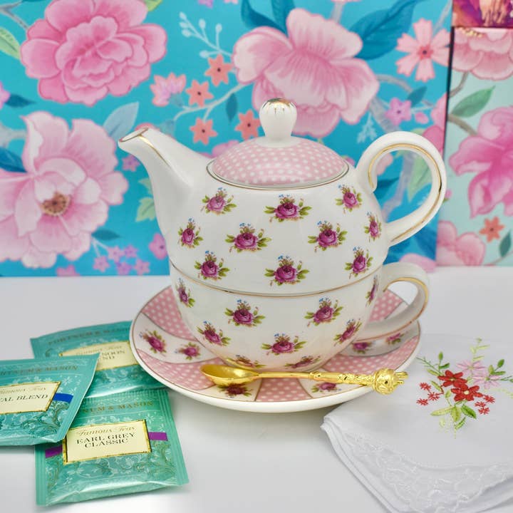 Conjunto de Oferta de Chá para Um. Bolinhas e Rosas Chiques em Rosa e Branco por atacado de All Little Cute Things