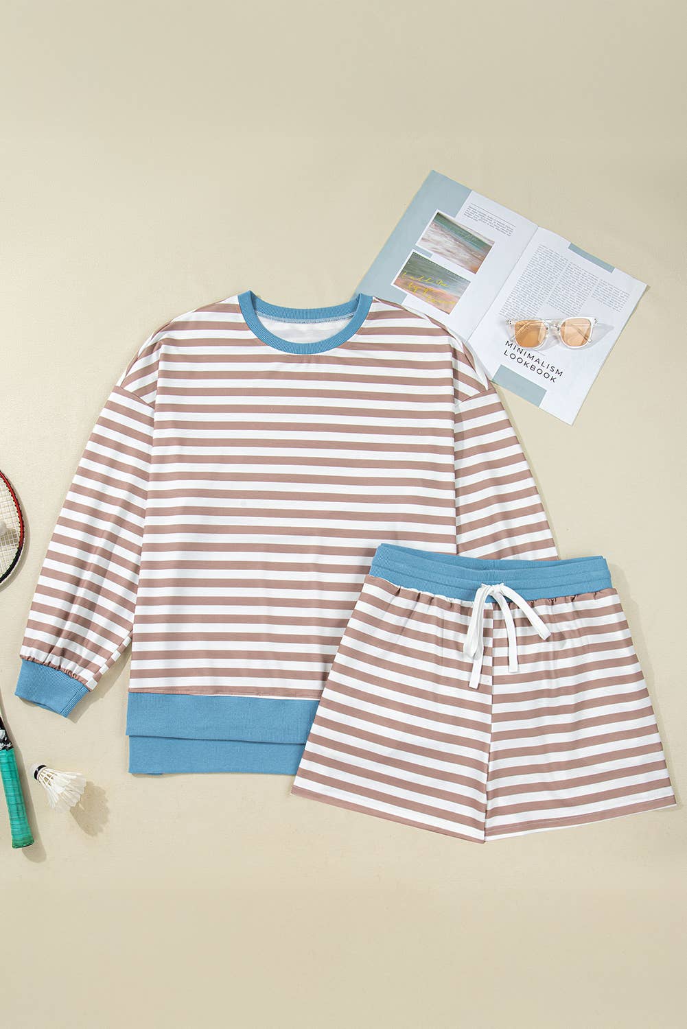 Beige Stripe Contrast Edge Pullover and Shorts Plus Size Set for wholesale on Faire2