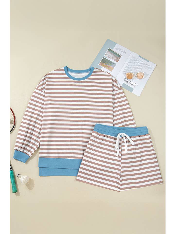 Beige Stripe Contrast Edge Pullover and Shorts Plus Size Set for wholesale on Faire2