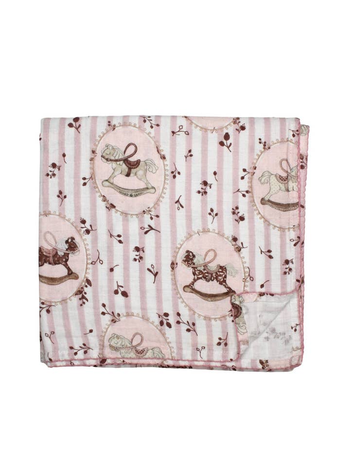Rose Rocking Horse Muslin Blanket for wholesale by Little Threads