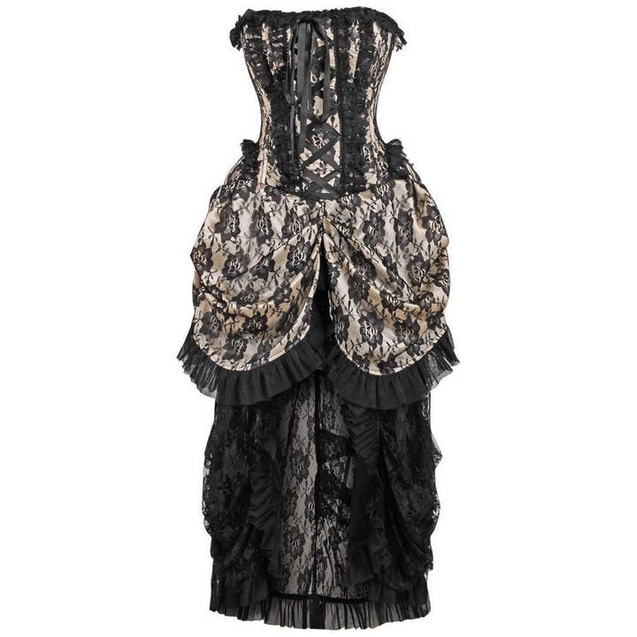Top Drawer en acier désossé crème avec robe corset noire en dentelle pour la vente par Daisy Corsets