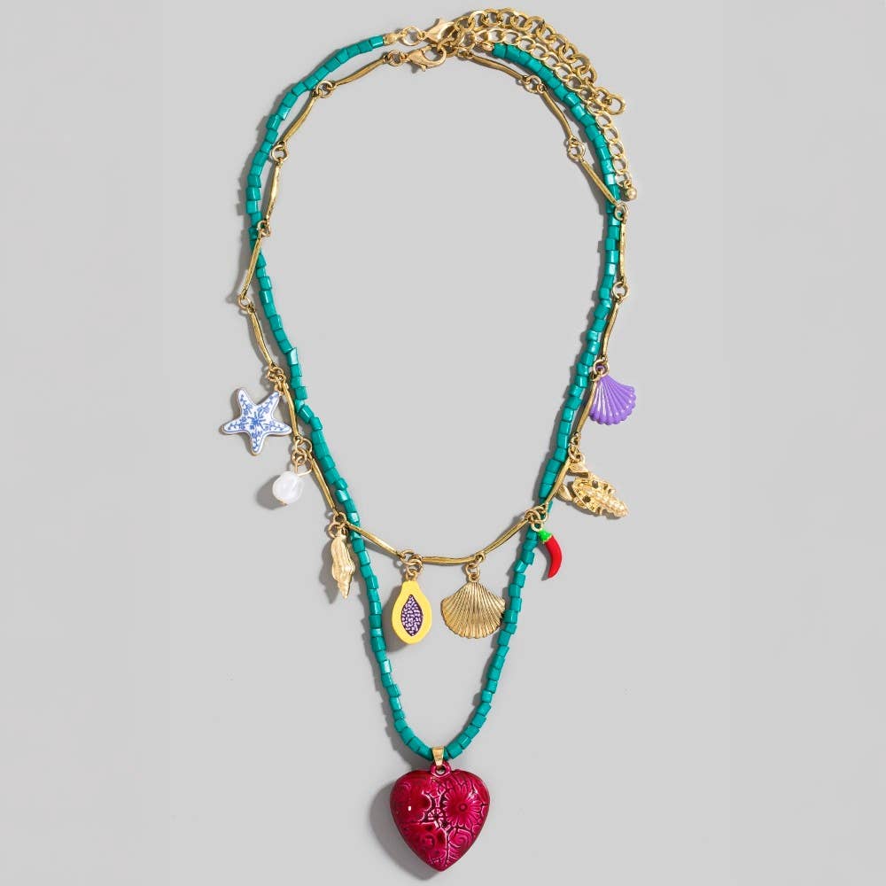 MU Sea Life Heart and Fruit Charms Layered Beaded Necklace for wholesale on Faire1