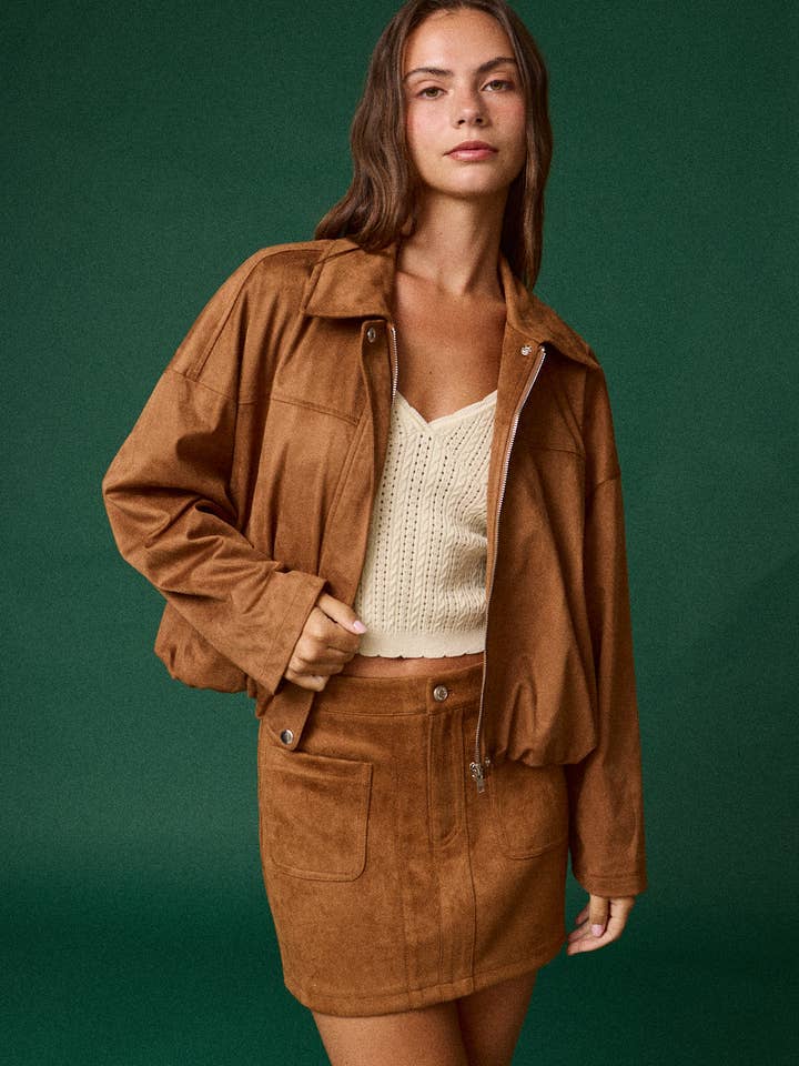 PJ18984 - SUEDE BUBBLE HEM ZIPPER JACKET for wholesale by Papermoon