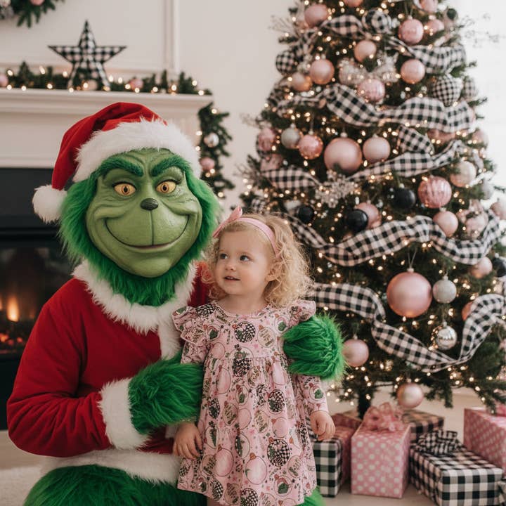 Leuke jurk met karakter voor kerstmeisjes - roze geruite Grinch Balls voor wholesale door Rufflеѕ & Bоwtіеѕ - Affordable Boys & Girls Clothing