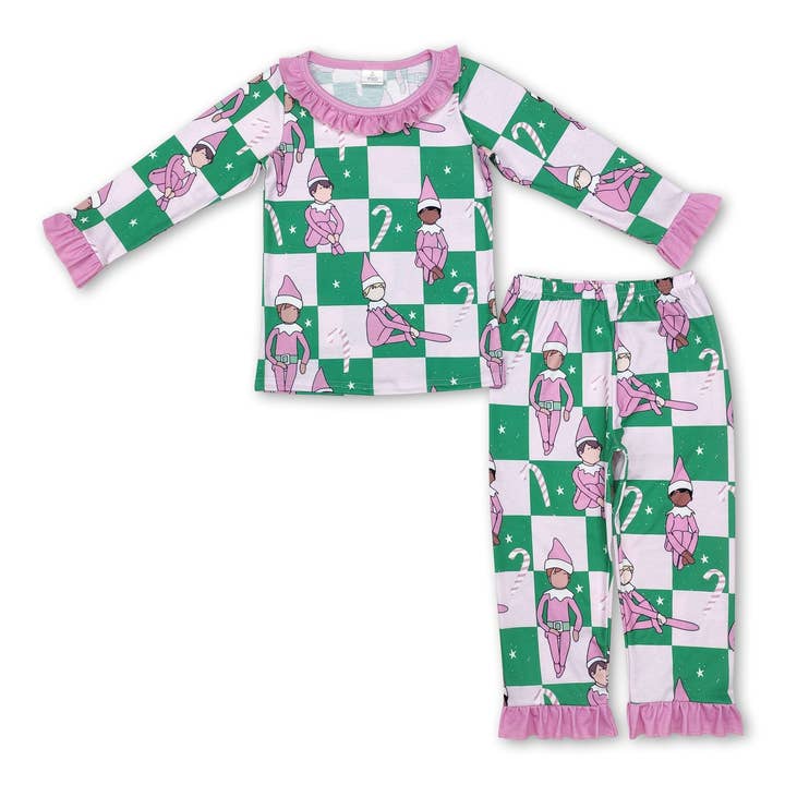 Pink Christmas hat plaid candy cane kids girls pajamas for wholesale by Yawoo Garments