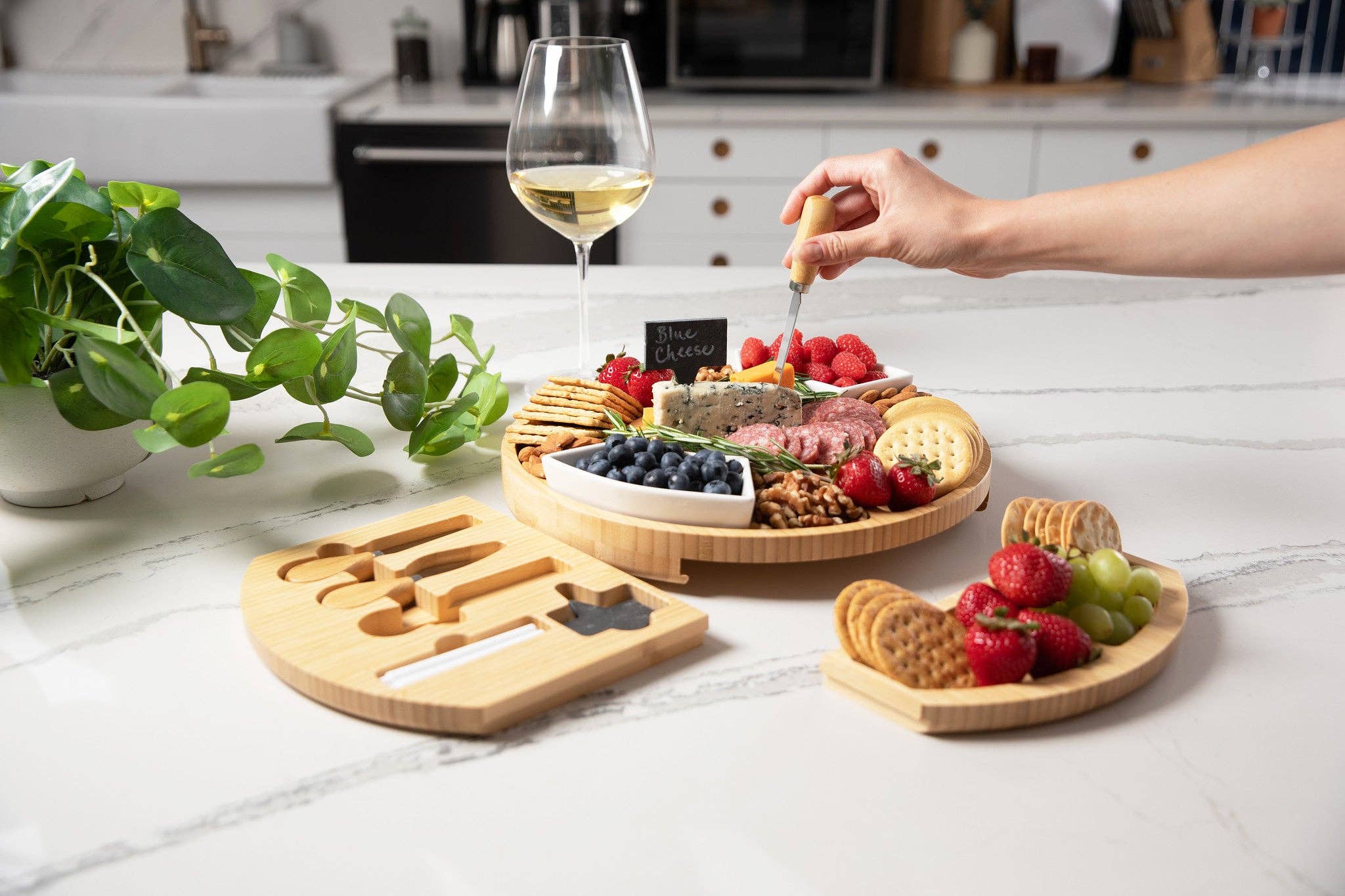 Big Wine Glasses - Wholesale Serving Tray - Two Drawer Bamboo Charcuterie Board Set5