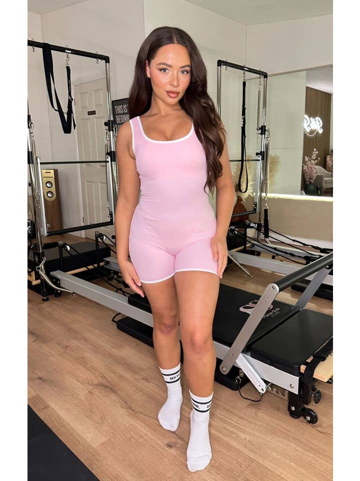 Pink Cut Out Back Piped Edging Short Unitard - Clio for wholesale on Faire2