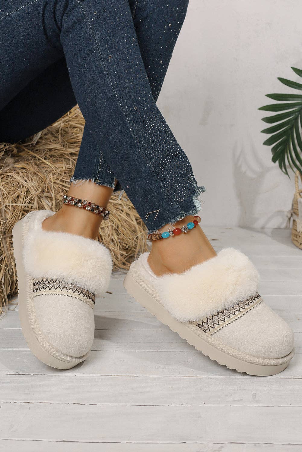 Lovesoft - Wholesale Slippers - Women's - Faux Suede Plush Trim Ethnic Mule Slippers9