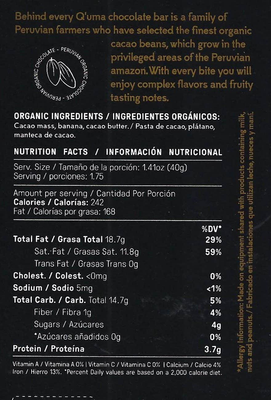 Q´uma Peruvian Organic Chocolate – Engroshandel Chokoladebar – Chokolade med banan uden tilsat sukker 80 % kakao3