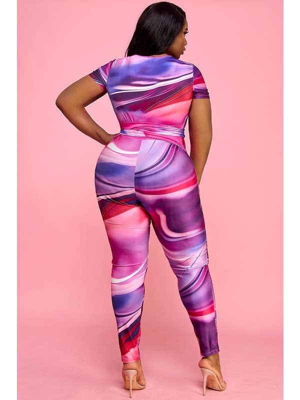 Namatt Design - Wholesale Jumpsuit - Women's - Plus Short Sleeves Deep V-Neck Tie Waist Catsuit4