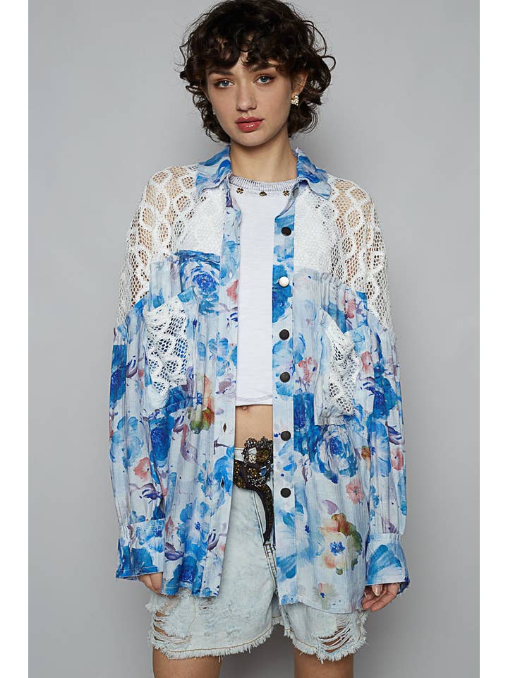 Pol Clothing - Wholesale Button Down Shirt - Women's - Full sleeves contrast floral printed shirt top