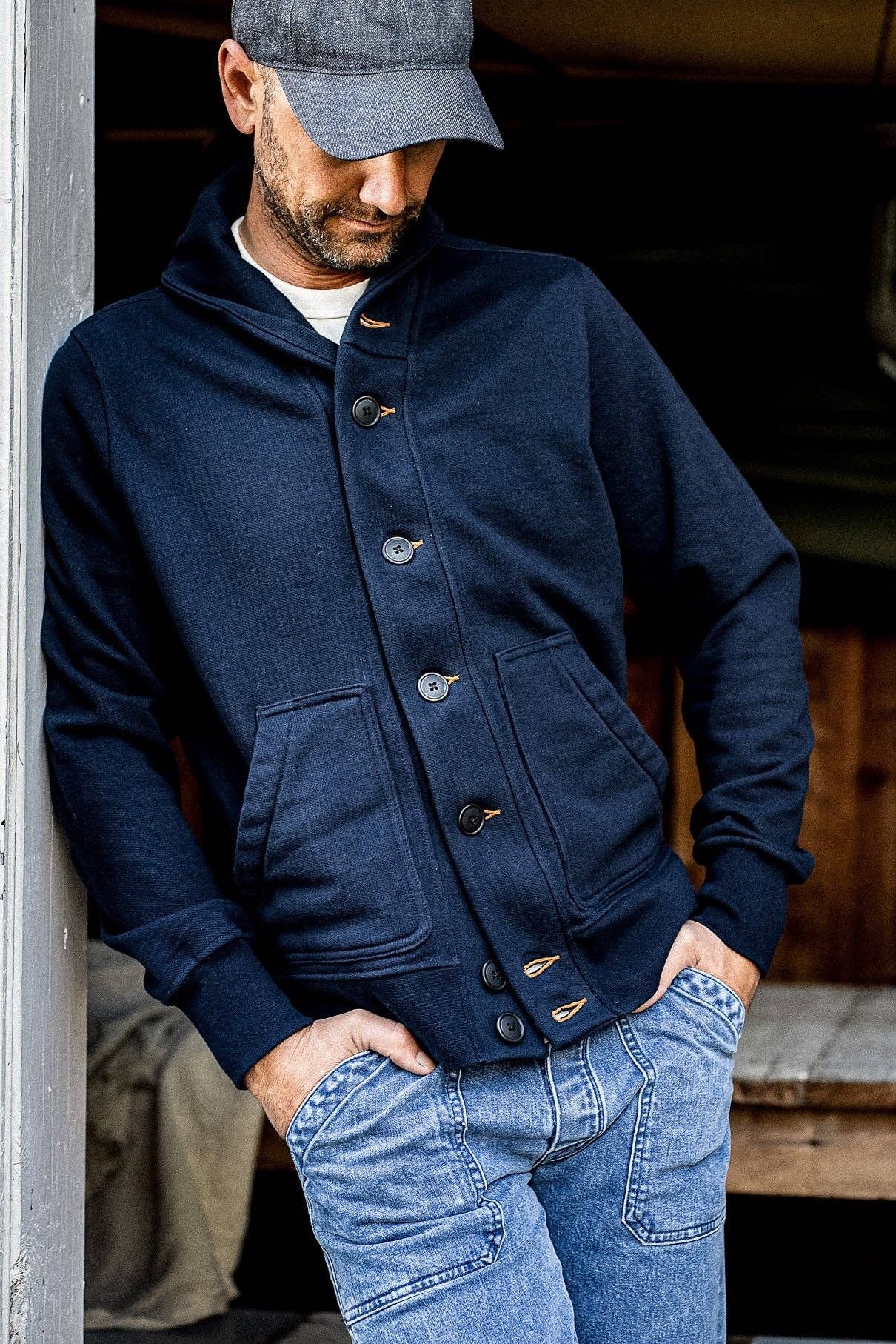 Men's Bodega Shawl Cardigan | 14oz 100% Cotton French Terry - Navy for wholesale on Faire4