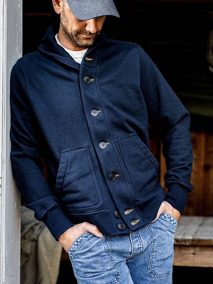 Men's Bodega Shawl Cardigan | 14oz 100% Cotton French Terry - Navy for wholesale on Faire4