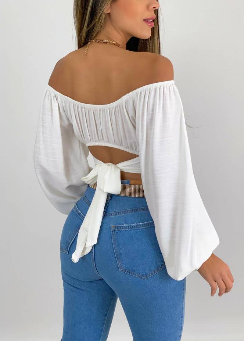 HIDDENBRAND - Wholesale Blouse - Women's - Crop Top Balloon Sleeve Straight-Neck Shirt17