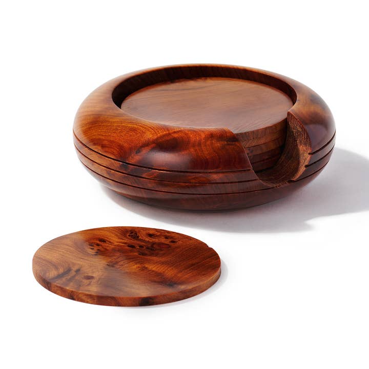 Set di 6 sottobicchieri in radica di legno Thuya per la decorazione della casa e della tavola per la vendita all'ingrosso da parte di Yemma Goods