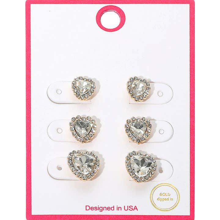 3Pairs - Gold Dipped Graduated Size Crystal Heart Stud Earring Set for wholesale by Sensibling Corp.