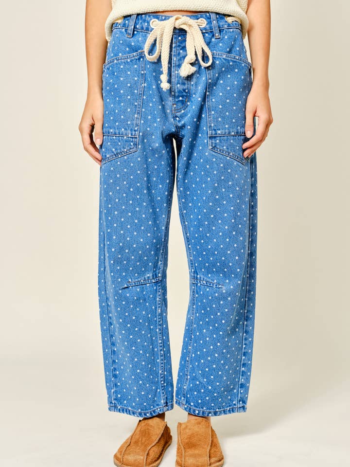 AJP5914 POLKA DOT DENIM BARREL PANTS for wholesale by Aaron & Amber