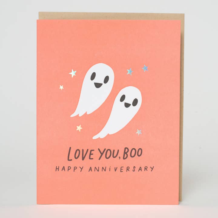 Egg Press Manufacturing - Vente Cartes de déclaration d'amour - Carte de vœux « Anniversary Ghosts Punny Letterpress » de la marque Hello ! Chanceux0