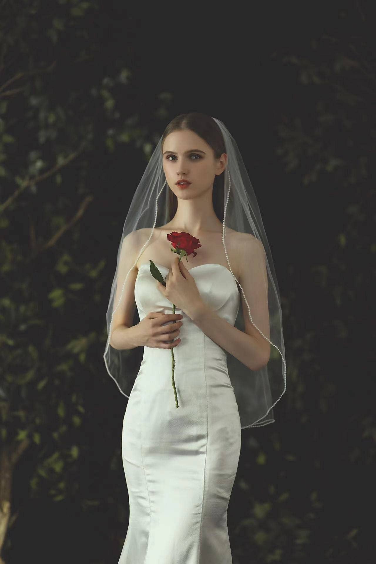 Floris Linens - Wholesale Veil - Women's - Bridal Wedding Sheer Veil with Pearls, Waist, Waltz Length2