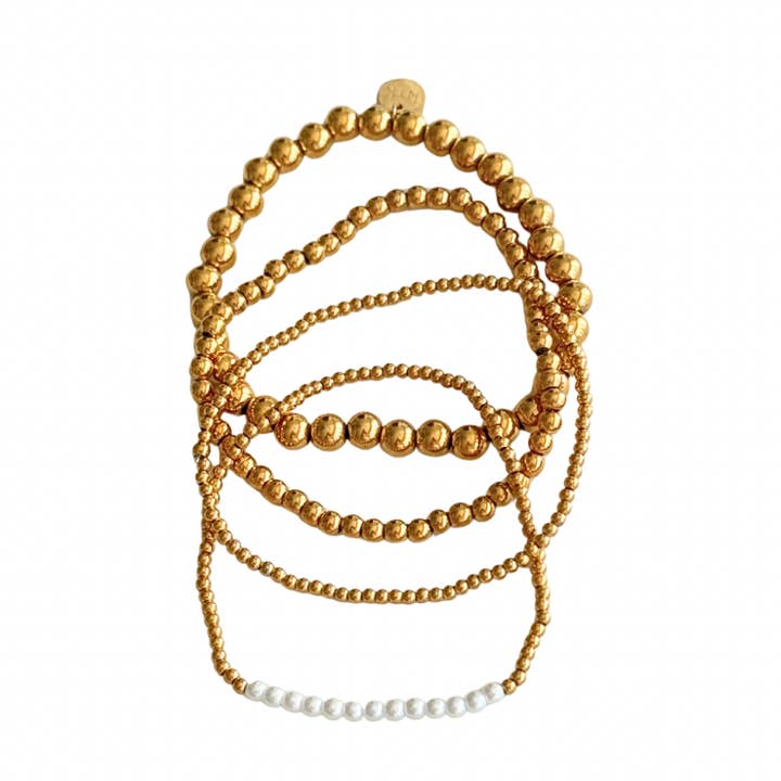 Four Strand Gold Bead & Pearl Bracelet Set for wholesale by Kiss Me Kate Jewelry