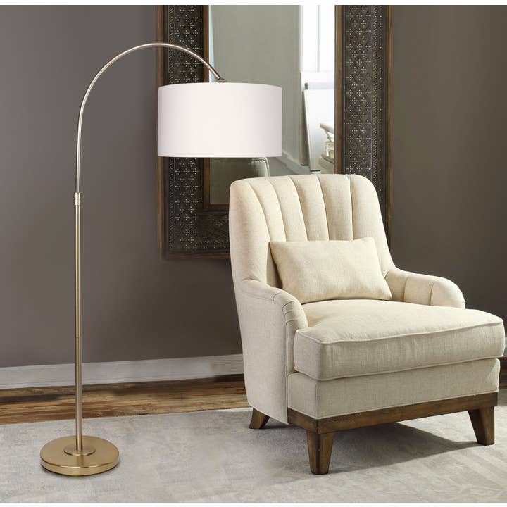Gold Plated Off White 63.5" Arc Floor Lamp w/ Off-White Linen Hanging Drum Shade for wholesale on Faire2