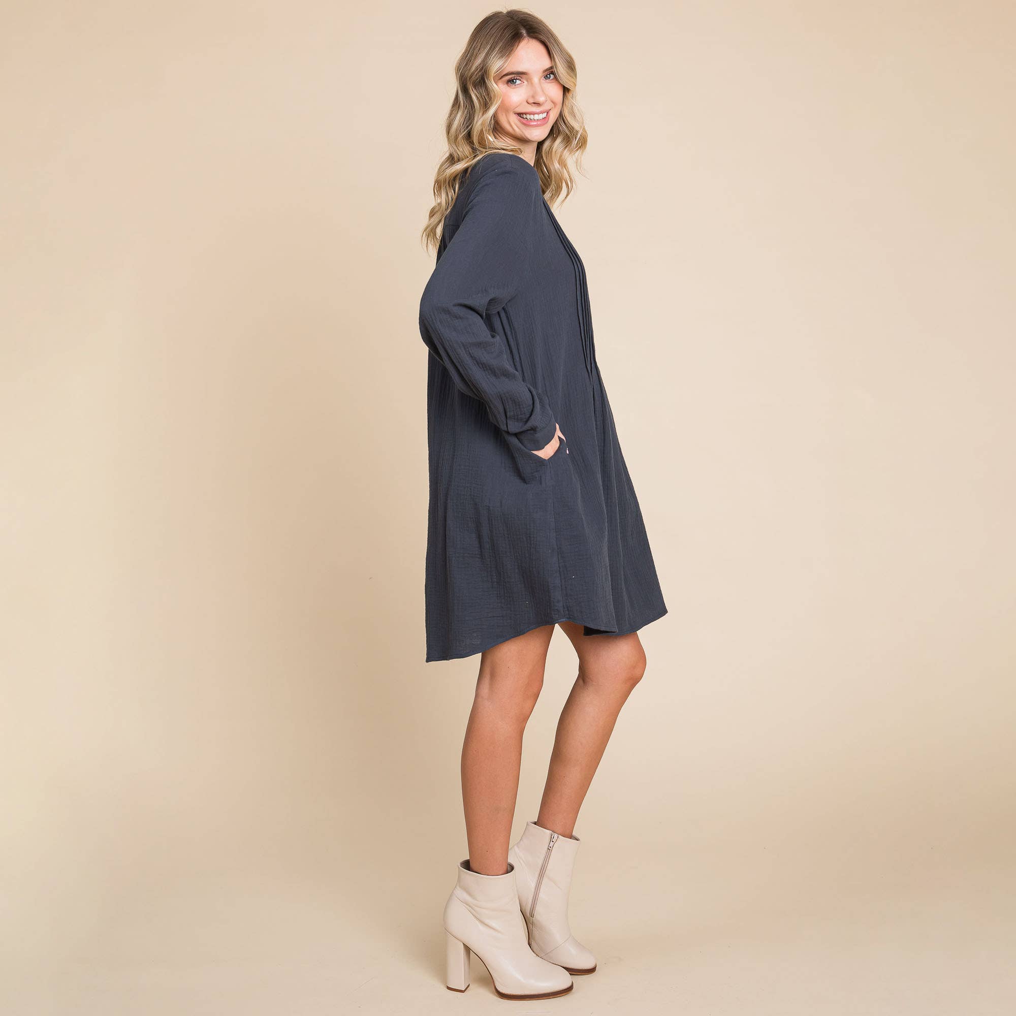 ROLYPOLY - Vente Robe – femme - Robe tunique en coton double gaze manches longues style henley3