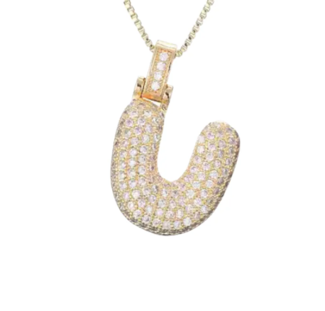 Ouro amarelo Pavé Bubble Letter Iniciais Colar em Aço Ouro 14K para venda a revendedores na Faire25