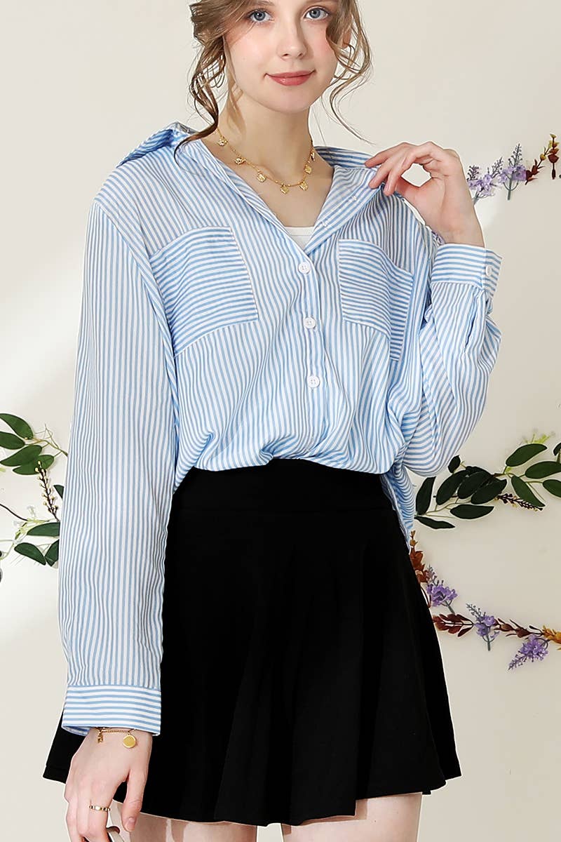 NINEXIS - Wholesale Button Down Shirt - Women's - CWTSTL716_Striped Button Down Long Sleeve Collared Shirts19