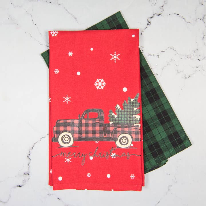 Set di due asciugamani - Camion a quadri Buon Natale per la vendita all'ingrosso da parte di Dunroven House