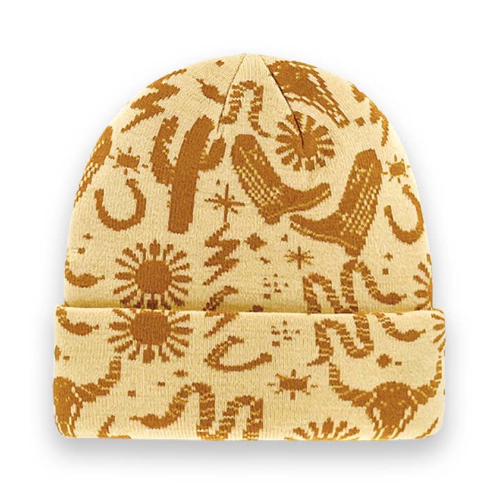 Northern Icons Creations INC - Wholesale Beanie - Unisex - Southwestern Desert Cactus Knit Beanie with Cowboy Boot, Snake, and Sun Pattern – Unisex Winter Hat-NI60063