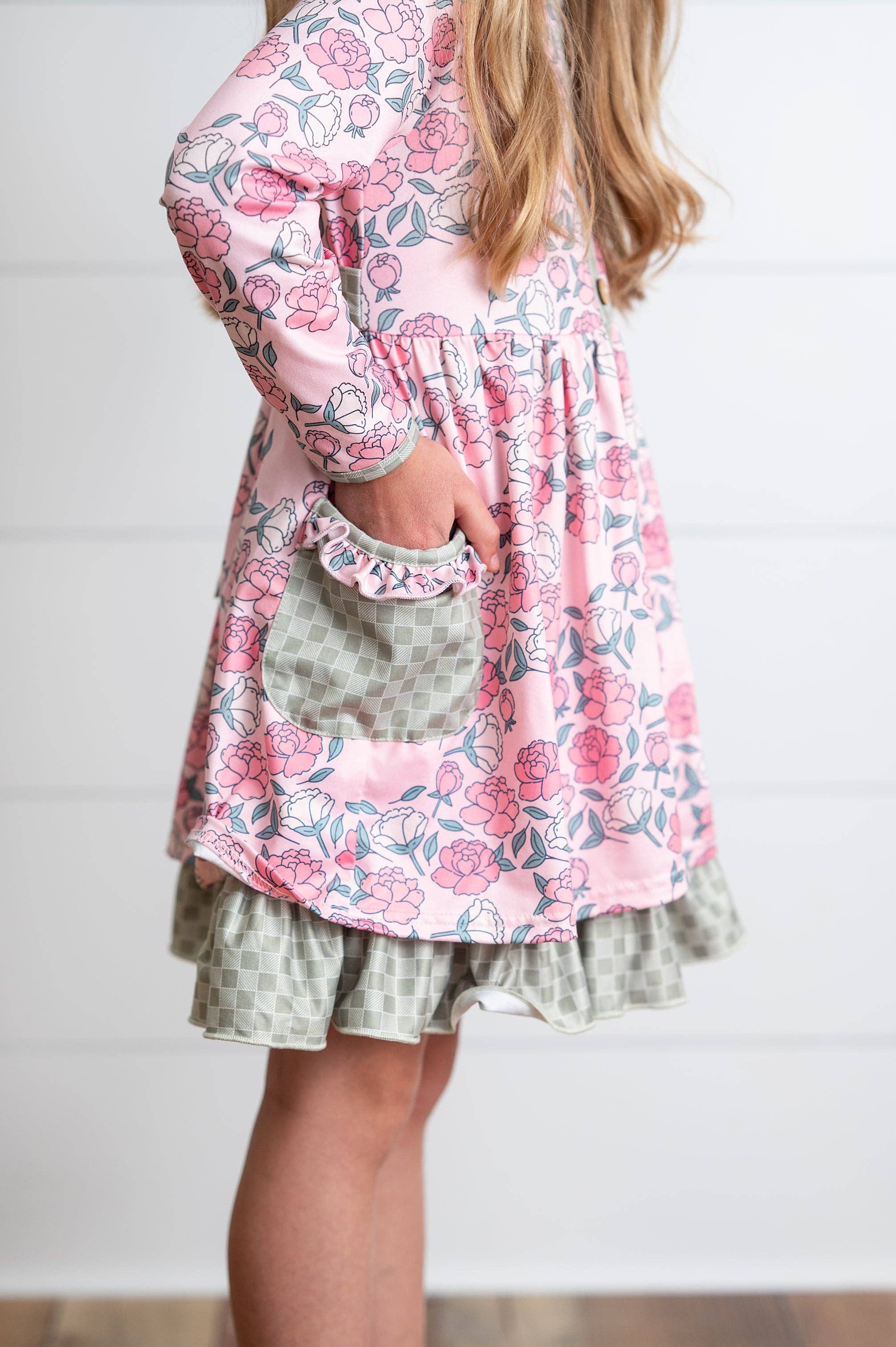 Adorable Sweetness - Wholesale Dress - Kids - Girls Rose Floral & Sage Check Ruffle Pocket Tie Dress1