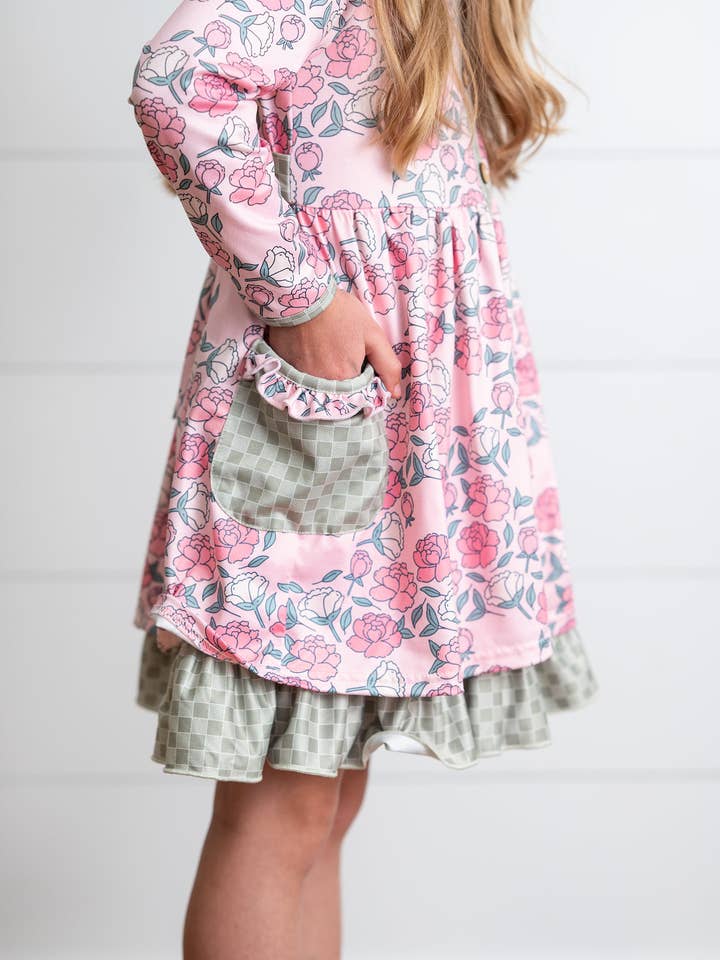 Adorable Sweetness - Wholesale Dress - Kids - Girls Rose Floral & Sage Check Ruffle Pocket Tie Dress1