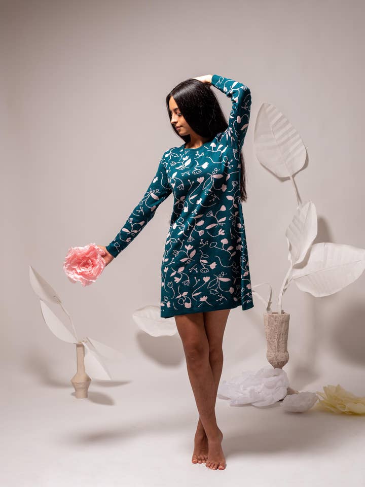 Hanami green and pink merino wool dress for wholesale by Magical Crisálida