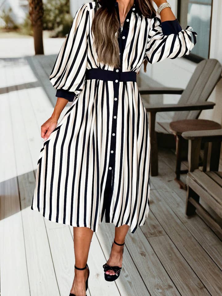 Robe midi à manches bouffantes 3/4 à rayures avec boutons (S-XL) pour la vente par 66DISCO