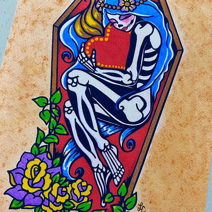Day of the Dead Coffin Girl with Sacred Heart Art Print for wholesale by Illustrated Ink