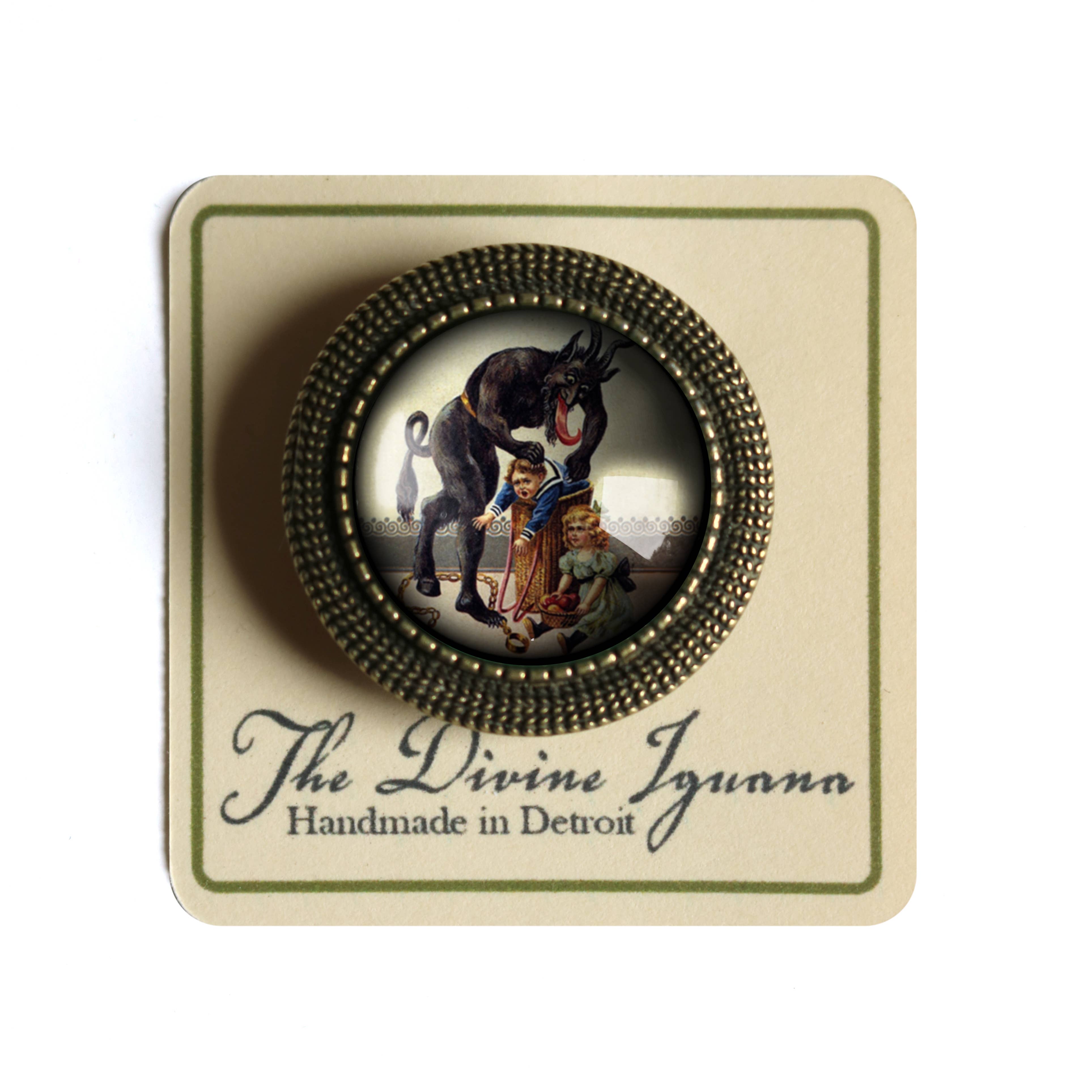 The Divine Iguana - Wholesale Brooch - Krampus With Naughty Child in Barrel Goth Holiday Brooch2