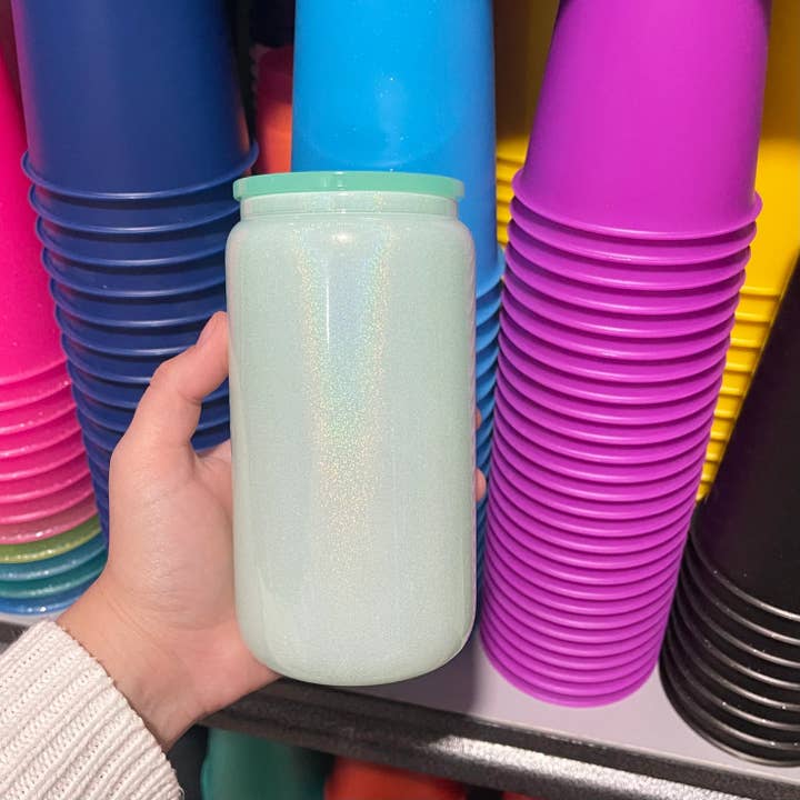One Stop Cups - Wholesale Drinking Glass/Cup - 16oz Glitter Sublimation Glass Can  Cups