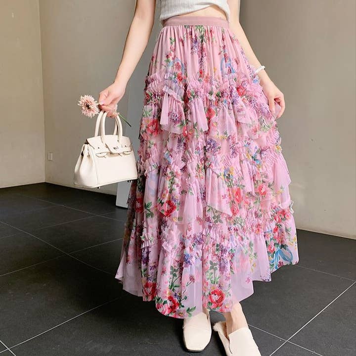 Twirl Worthy Floral Ruffle Skirt SK193 for wholesale by PEACH ACCESSORIES