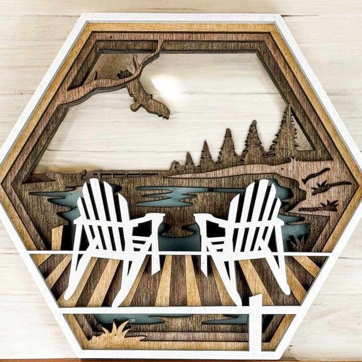 Lake House Decor Shelf Sitter – Rustic Cabin Wooden Lake Sce for wholesale by Rocky Knoll Co.
