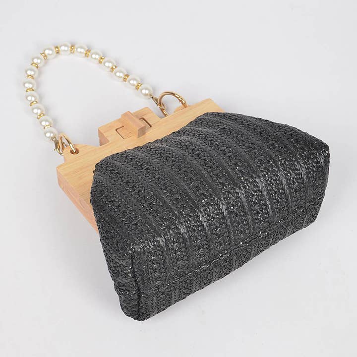 3AM BY H&D ACCESSORIES - Wholesale Clutch Bag - Women's - Faux Straw Wood Frame Clutch W/ Faux Pearl Chain