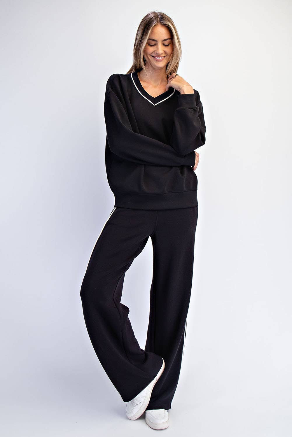 Rae Mode - Wholesale Lounge Top - Women's - MODAL SCUBA V NECK PIPING TOP7