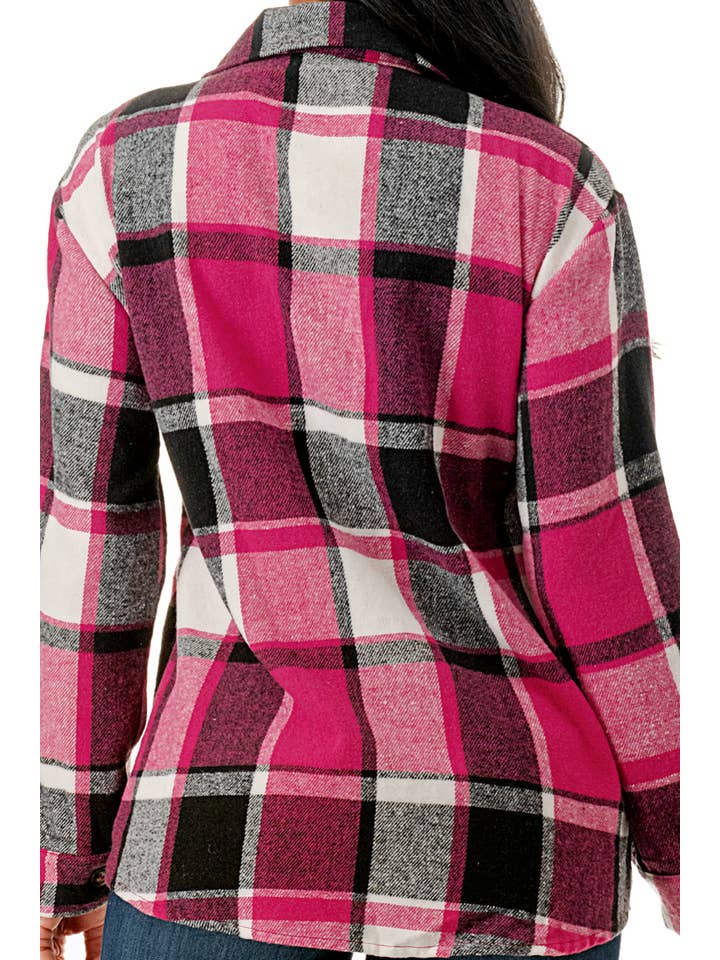 Color 5 - Vendita all'ingrosso Giacca a camicia - Donna - Camicia oversize in flanella scozzese rosa con tasche6