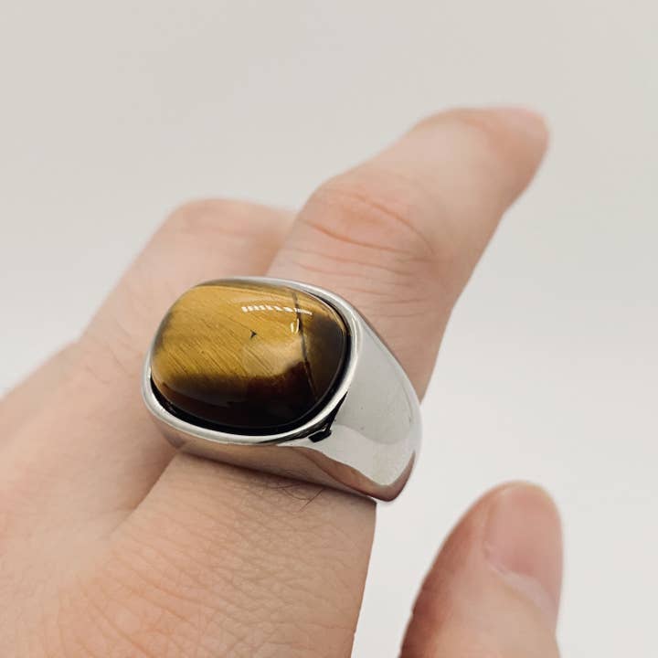 Mio Queena - Wholesale Signet Ring - Tiger Eye Stone Men's Stainless Steel Ring - MJ/MR