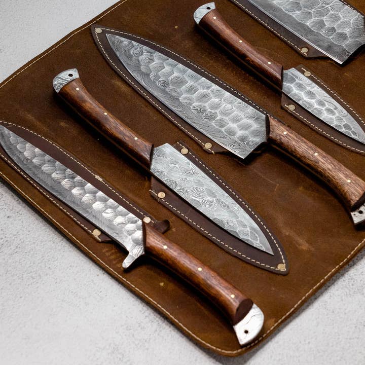 Forged Blade - Wholesale Knife Set - Wildrose - Damascus 5 Piece Chef Knife Set & Leather Roll