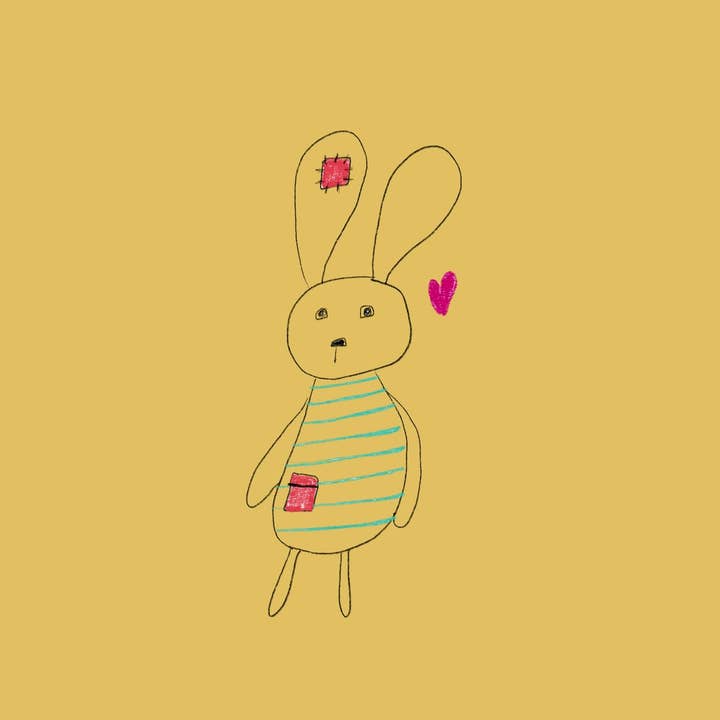 “Yellow bunny with pink pocket” greeting card for wholesale by Elle Bee Art Studio