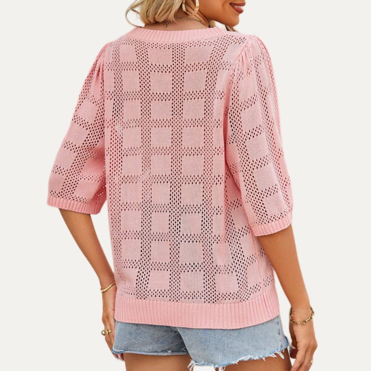 The Moment Collection - Wholesale Gebreide top - Dames - Mooie gebreide Pointelle top met geruite patroon en korte mouwen2