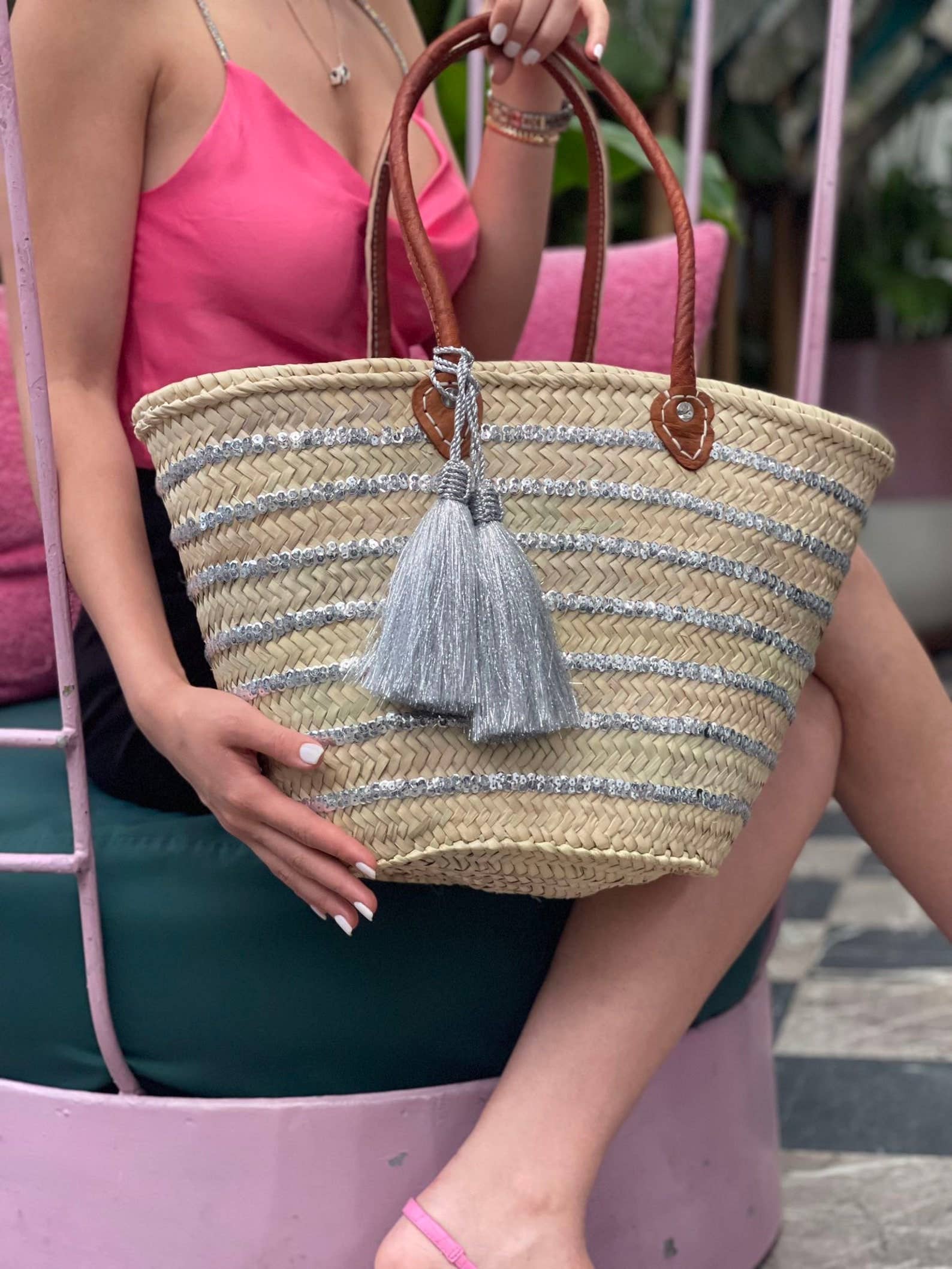 martitec - Vente Sac de plage - Sac à panier à paillettes | Sac à panier marocain tissé à la main argenté 9