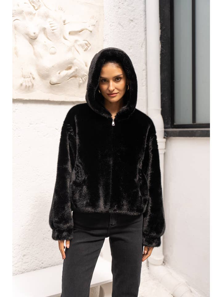 Attentif Paris - Wholesale Fur/Faux Fur Coat - Women's - Short coat with hood in faux fur with braided details12