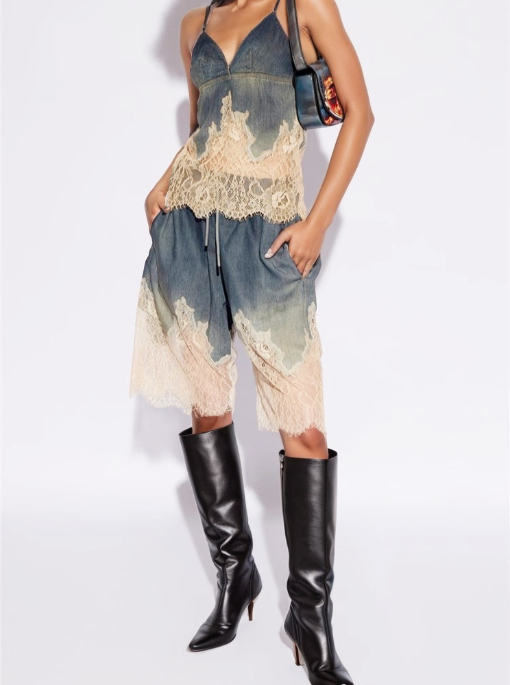 Sanyao Fashion - Wholesale Top & Short Set (NOT Loungewear) - Women's - M37 Lace-Stitched Denim Two-Piece with Suspender Shorts8