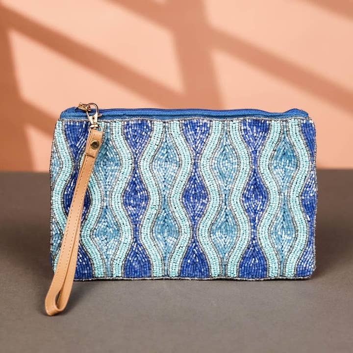 Sac à main de soirée en coton bleu fait main avec perles pour la vente par Daana Paani LLC